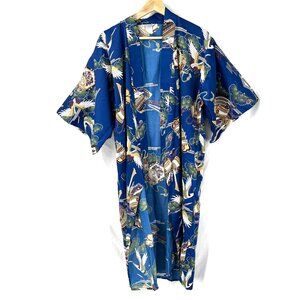 Vintage Made in Japan kimono robe satin feel blue Asian pattern dressing OS READ